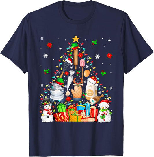 Baking Tools As Christmas Tree Xmas Lights Snowmen Baker T-Shirt - T-Shirt | Navy