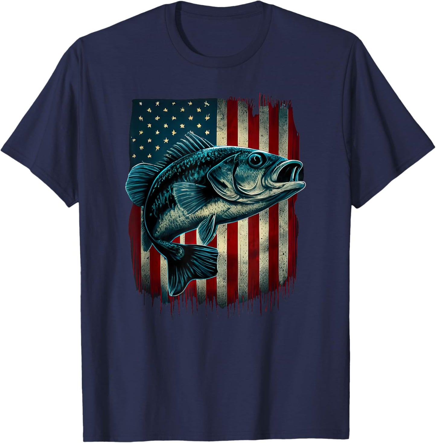 Fishing American Flag Vintage USA Bass Fisherman Gift T-Shirt - T-Shirt | Navy