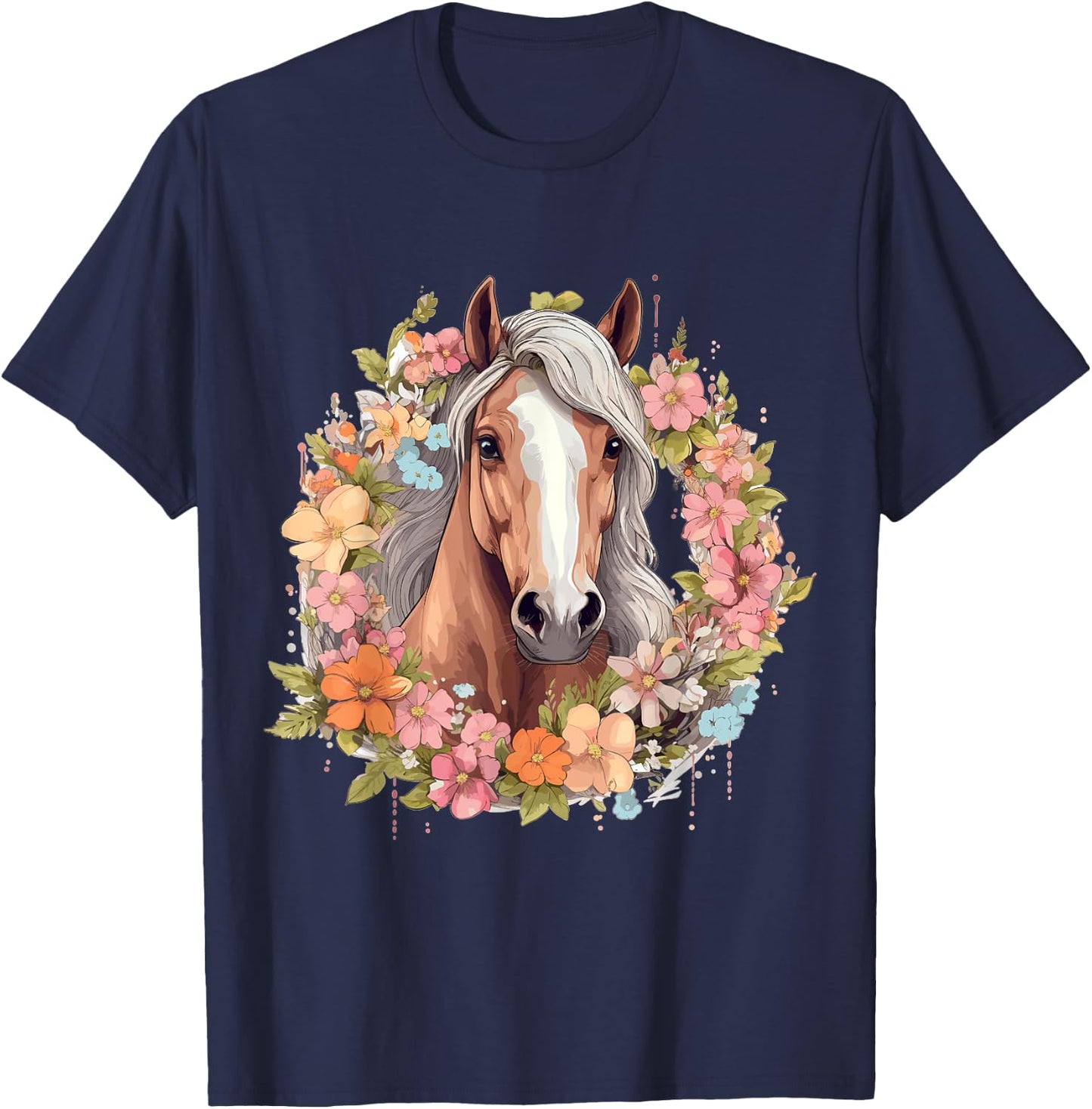 Horse Riding Horses with Flowers T-Shirt - T-Shirt | Navy