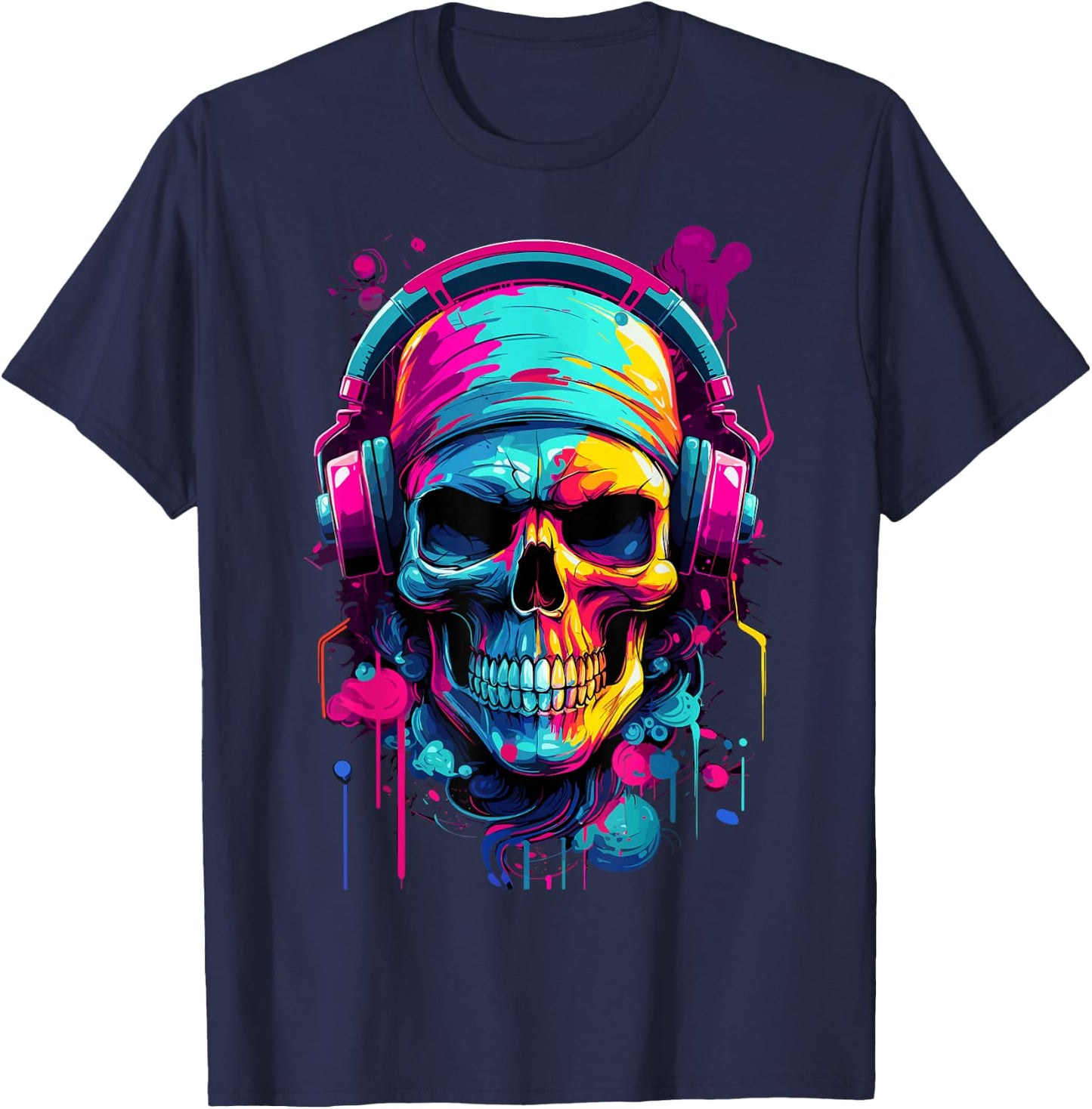 Colorful Skull With Headphones - Music Themed Horror T-Shirt - T-Shirt | Navy