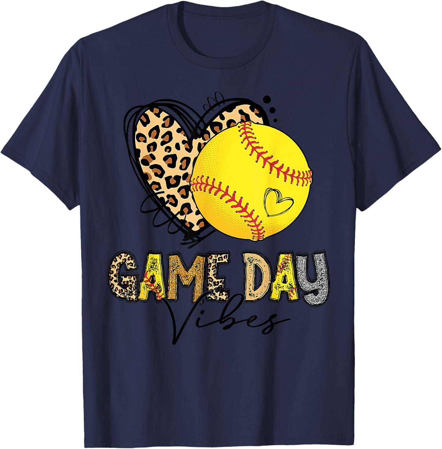 Bleached Softball Game Day Vibes Leopard Heart Headband Mom T-Shirt - T-Shirt | Navy