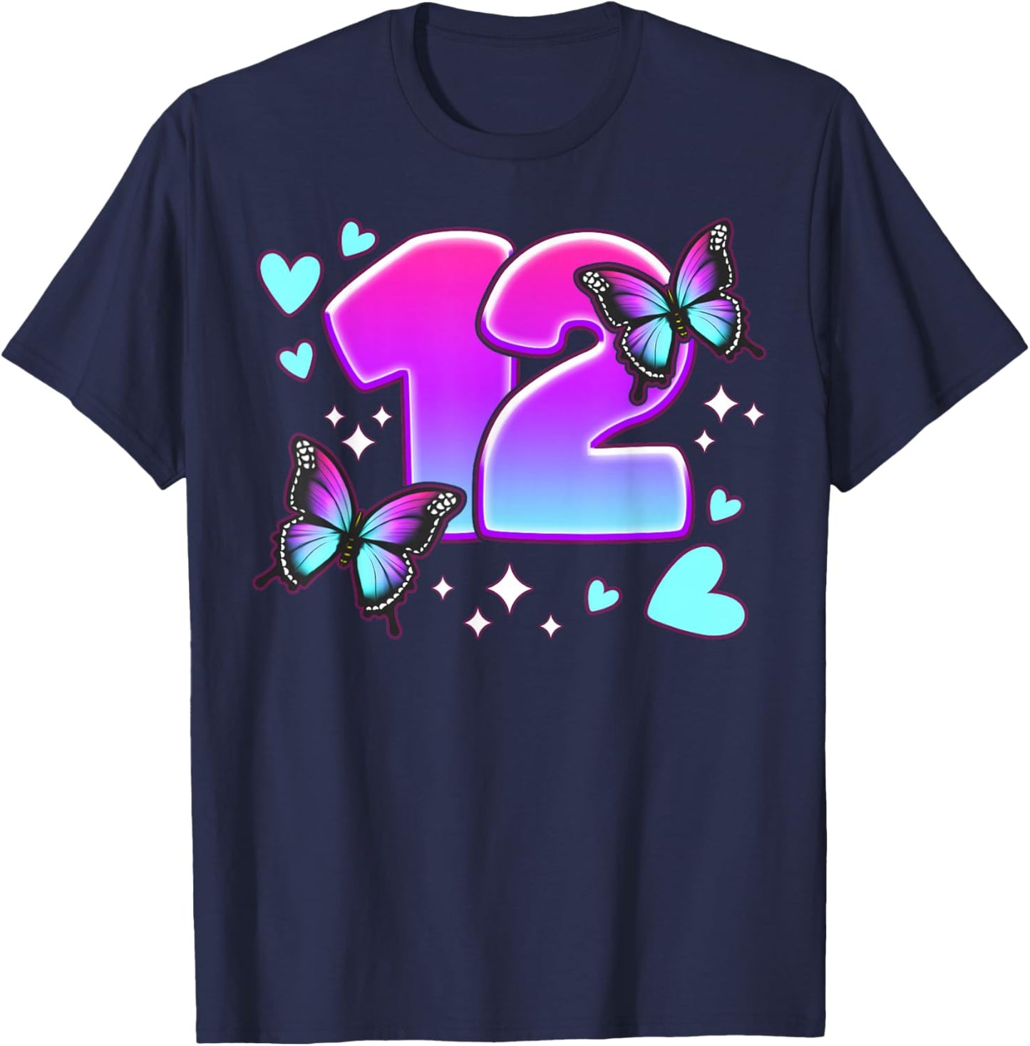 Birthday Girl 12 Years, Butterflies and Number 12 T-Shirt - T-Shirt | Navy