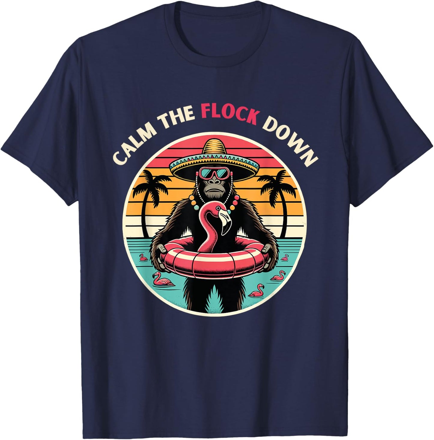 Bigfoot Sasquatch Flamingo pool party T-Shirt - T-Shirt | Navy