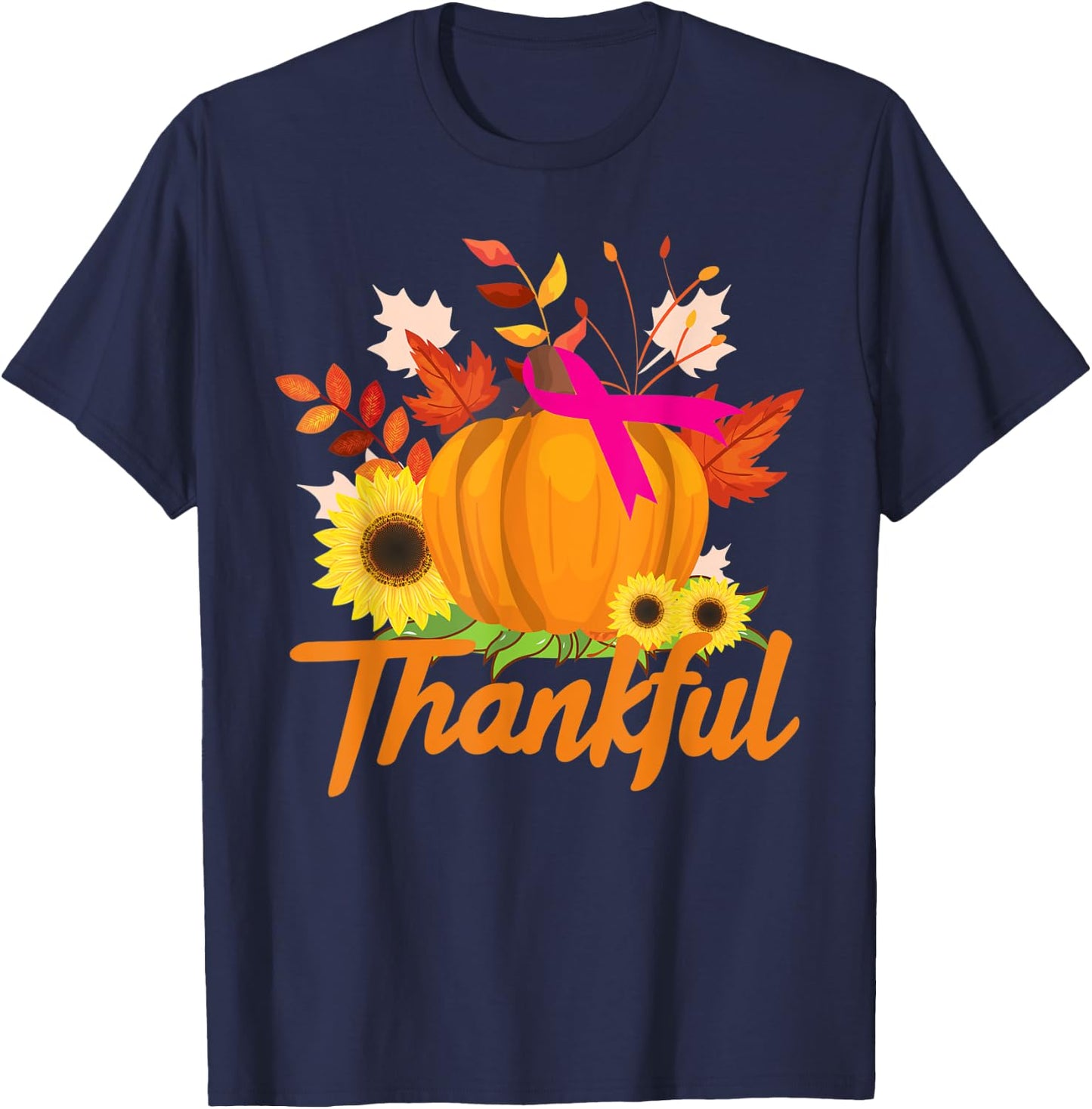 Breast Cancer Survivor Shirt Thankful Pink Ribbon Sunflower T-Shirt - T-Shirt | Navy