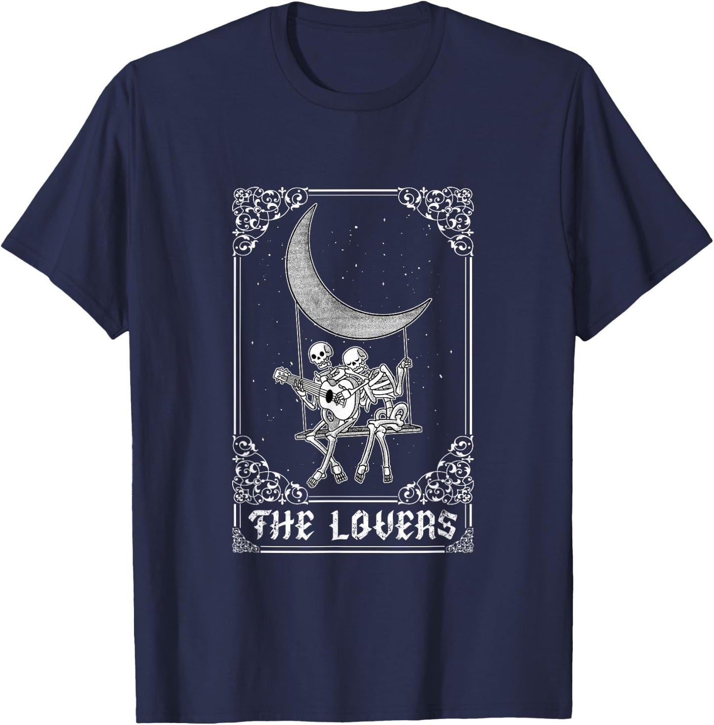 The Lovers Vintage Tarot Card Gothic Halloween Skeleton Moon T-Shirt - T-Shirt | Navy