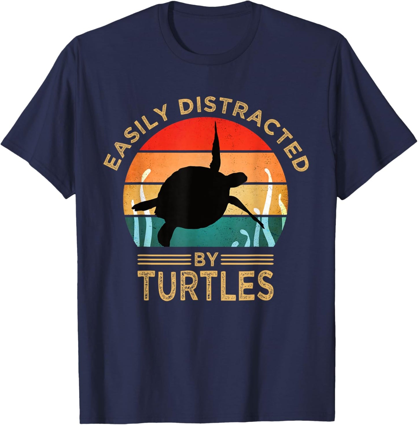 Easily Distracted By Turtles Vintage Funny Turtle T-Shirt - T-Shirt | Navy