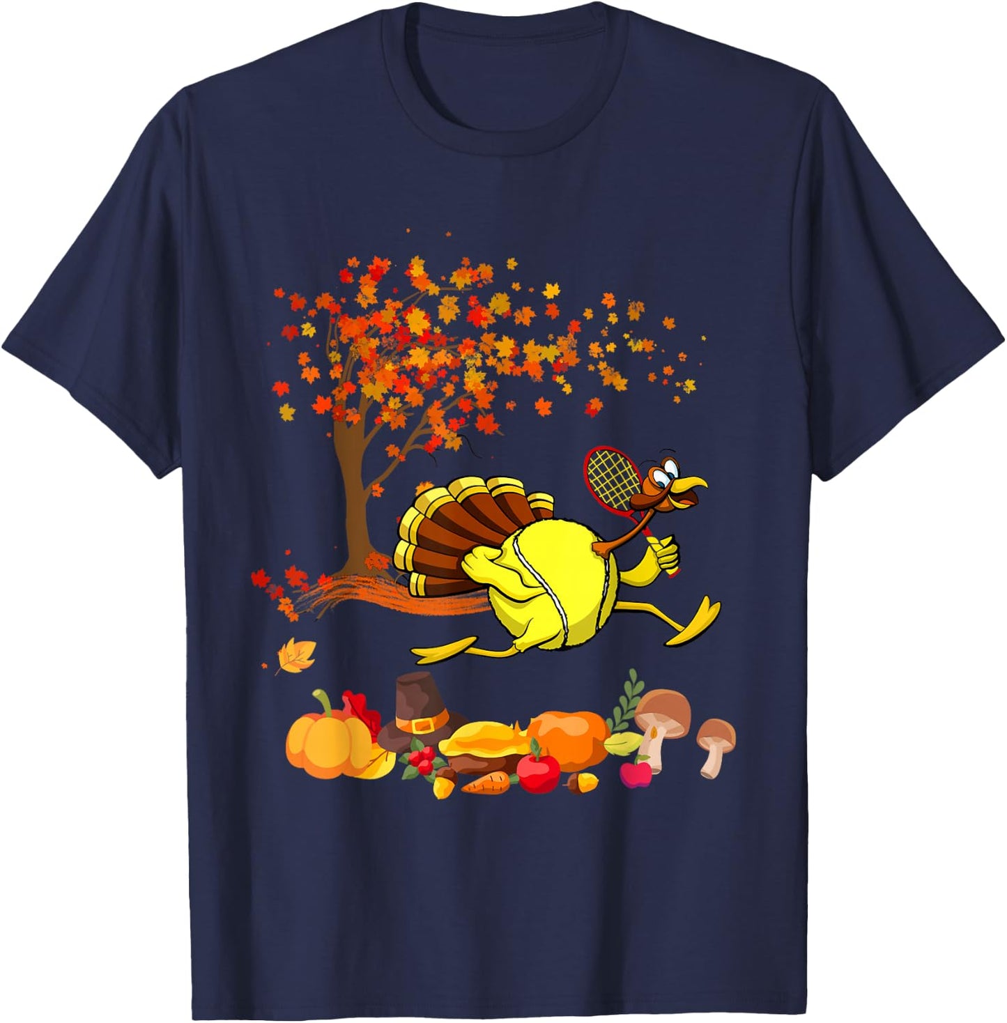 Tennis Turkey Thanksgiving Fall Tree Tennis Player Lover T-Shirt - T-Shirt | Navy