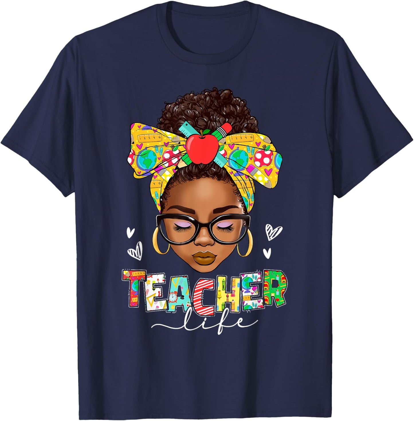 Teacher Life Messy Bun Afro African American Back To School T-Shirt - T-Shirt | Navy