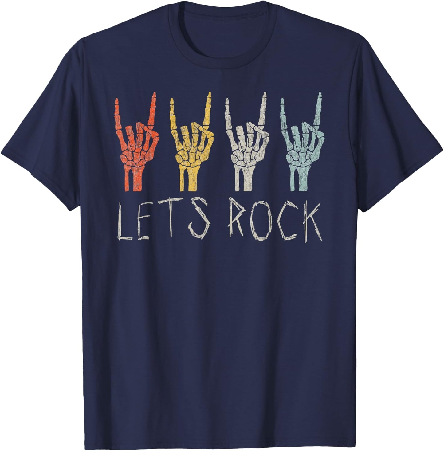 Rock and Roll Skeleton Let's Rock Hand Vintage T-Shirt - T-Shirt | Navy