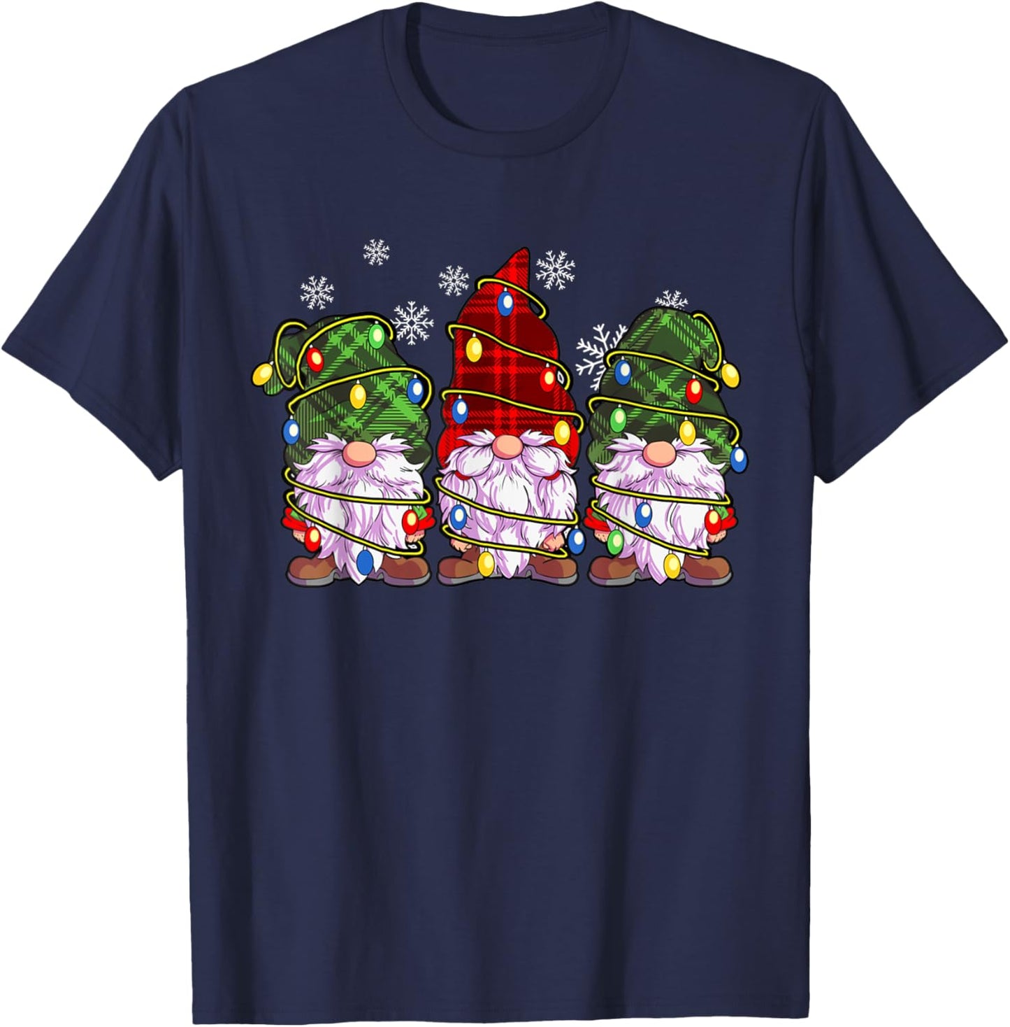 Three Gnomes Wearing Plaid Wrapped In Christmas Lights T-Shirt - T-Shirt | Navy
