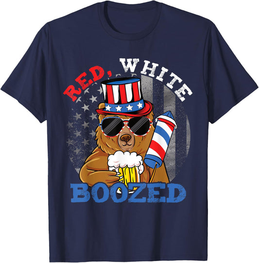 Red White Boozed Funny Bear Booze US 4th of July T-Shirt - T-Shirt | Navy