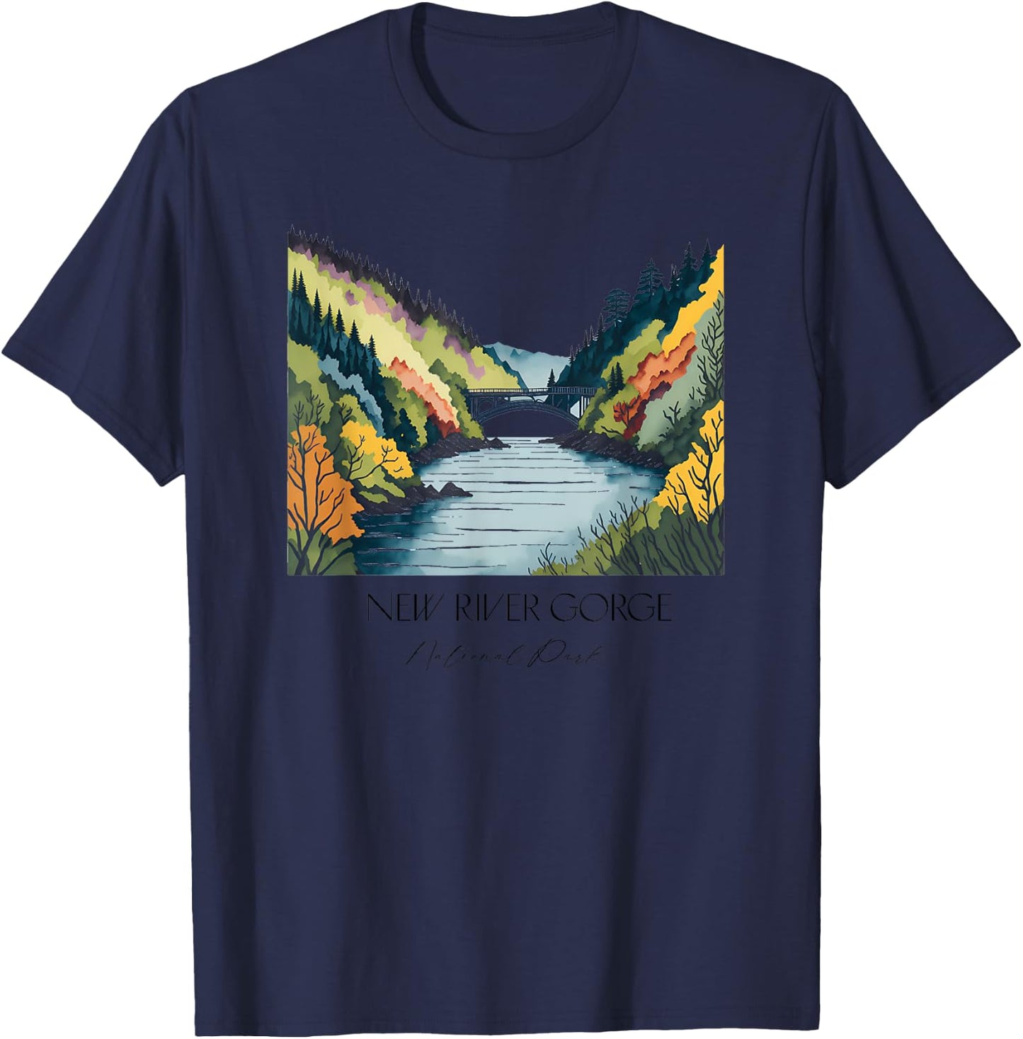 Cool New River Gorge National Park Hiking Watercolor Graphic T-Shirt - T-Shirt | Navy