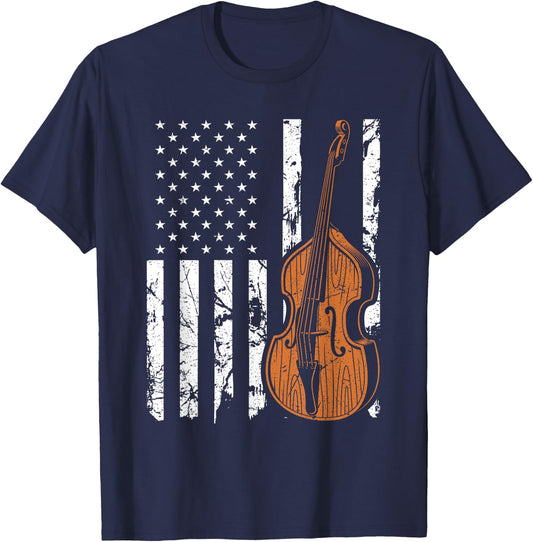 Upright Bass American Flag, Patriotic Double Bass Fiddle Women Men T-Shirt - T-Shirt | Navy