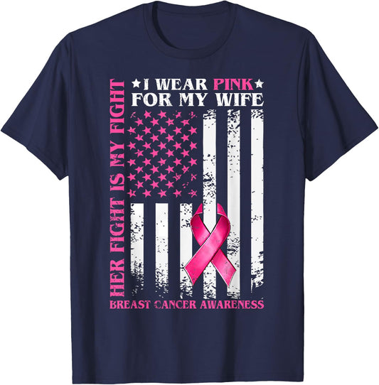 I Wear Pink For My Wife Breast Cancer Husband American Flag T-Shirt - T-Shirt | Navy