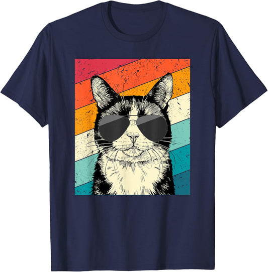 Retro Vintage Tuxedo Cat with Sunglasses Cat Lovers Women Kids T-Shirt - T-Shirt | Navy