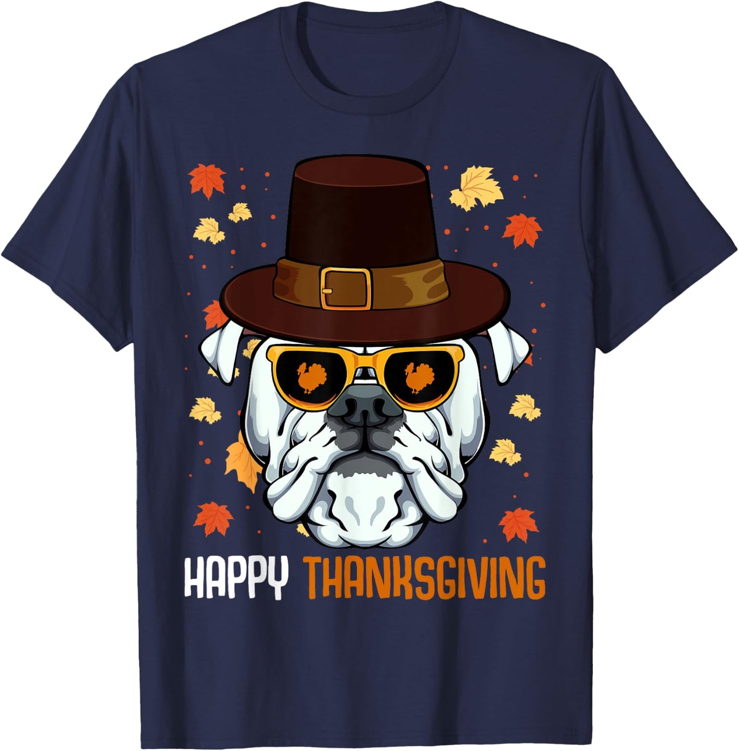 English Bulldog On Sunglasses Thanksgiving Day Dog Turkey T-Shirt - T-Shirt | Navy