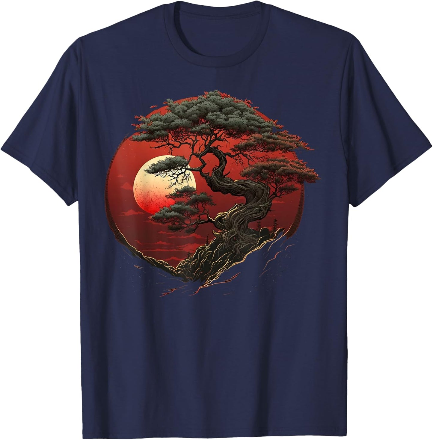 Red Japanese Bonsai sun on Bonsai Tree T-Shirt - T-Shirt | Navy