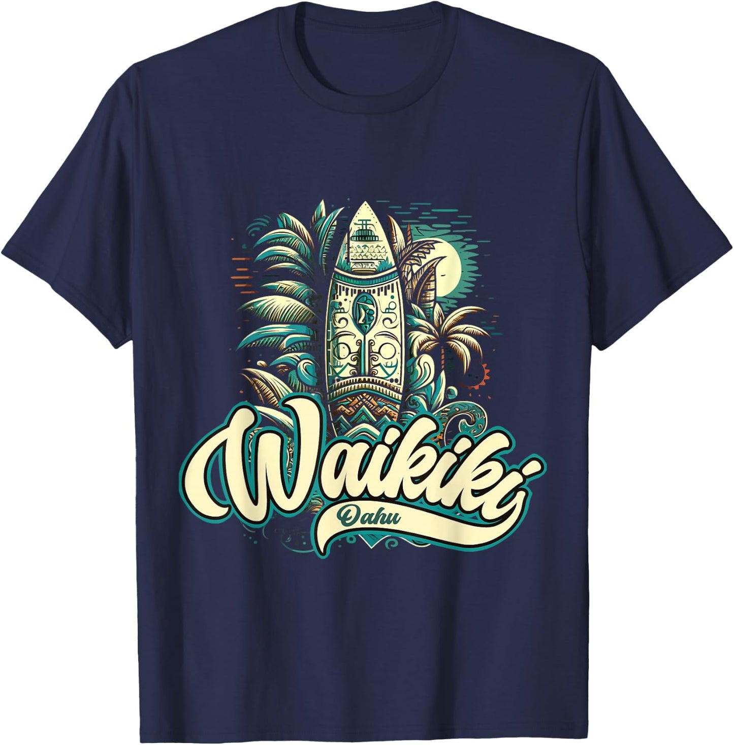Waikiki Beach Polynesian Hawaii Surf Design T-Shirt - T-Shirt | Navy