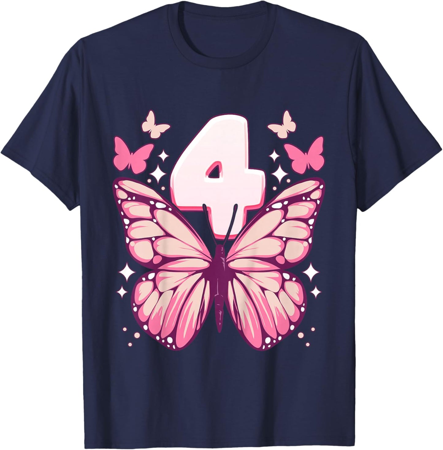 Birthday Girl 4 years, Butterflies and Number 4 T-Shirt - T-Shirt | Navy