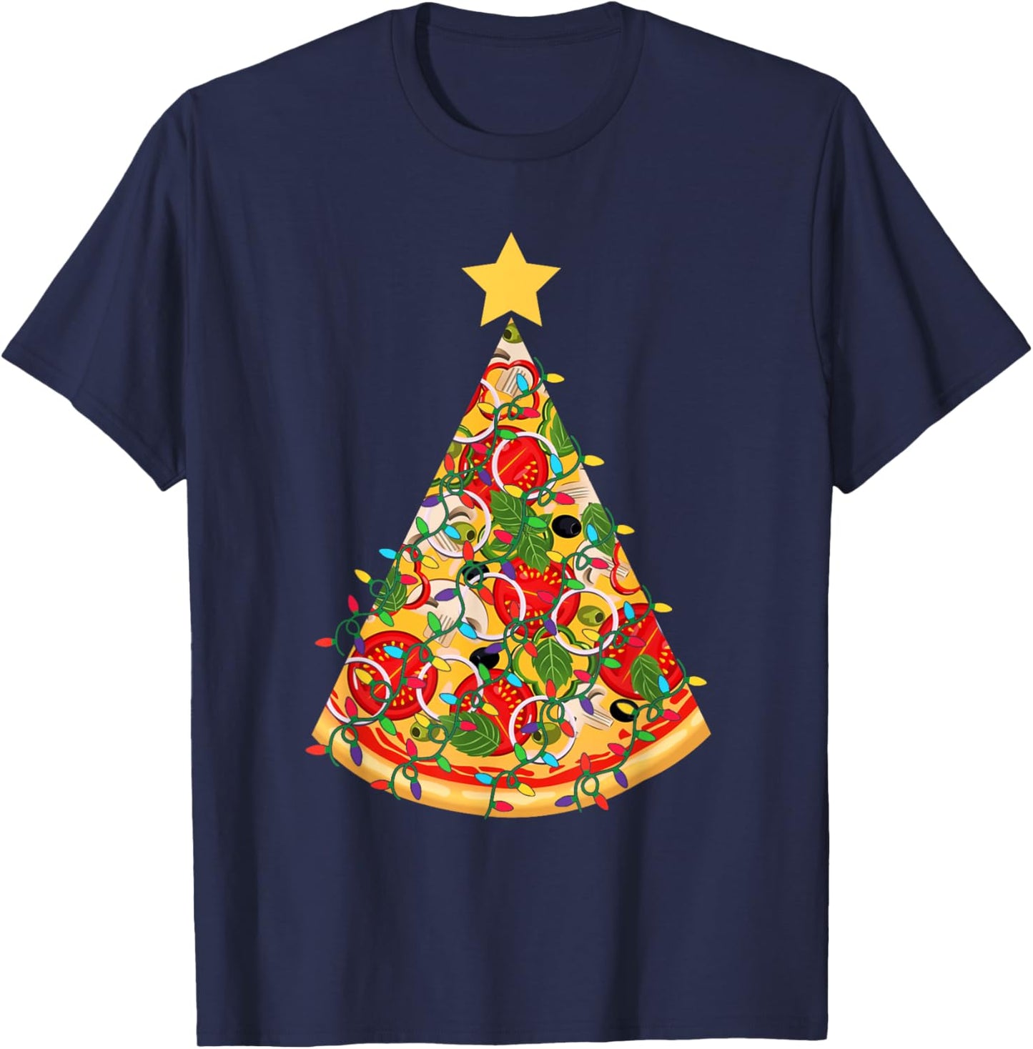 Pizza Christmas Tree Lights Xmas Funny Crustmas Pepperoni T-Shirt - T-Shirt | Navy