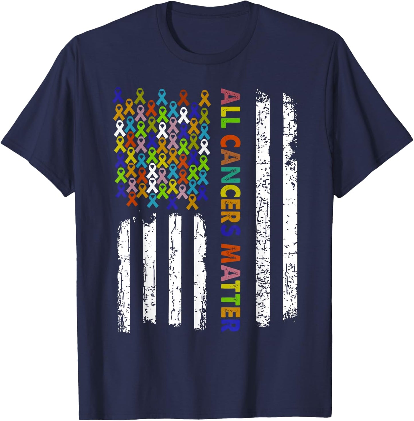 All Cancers Matter Cancer Awareness Ribbon USA Flag T-Shirt - T-Shirt | Navy