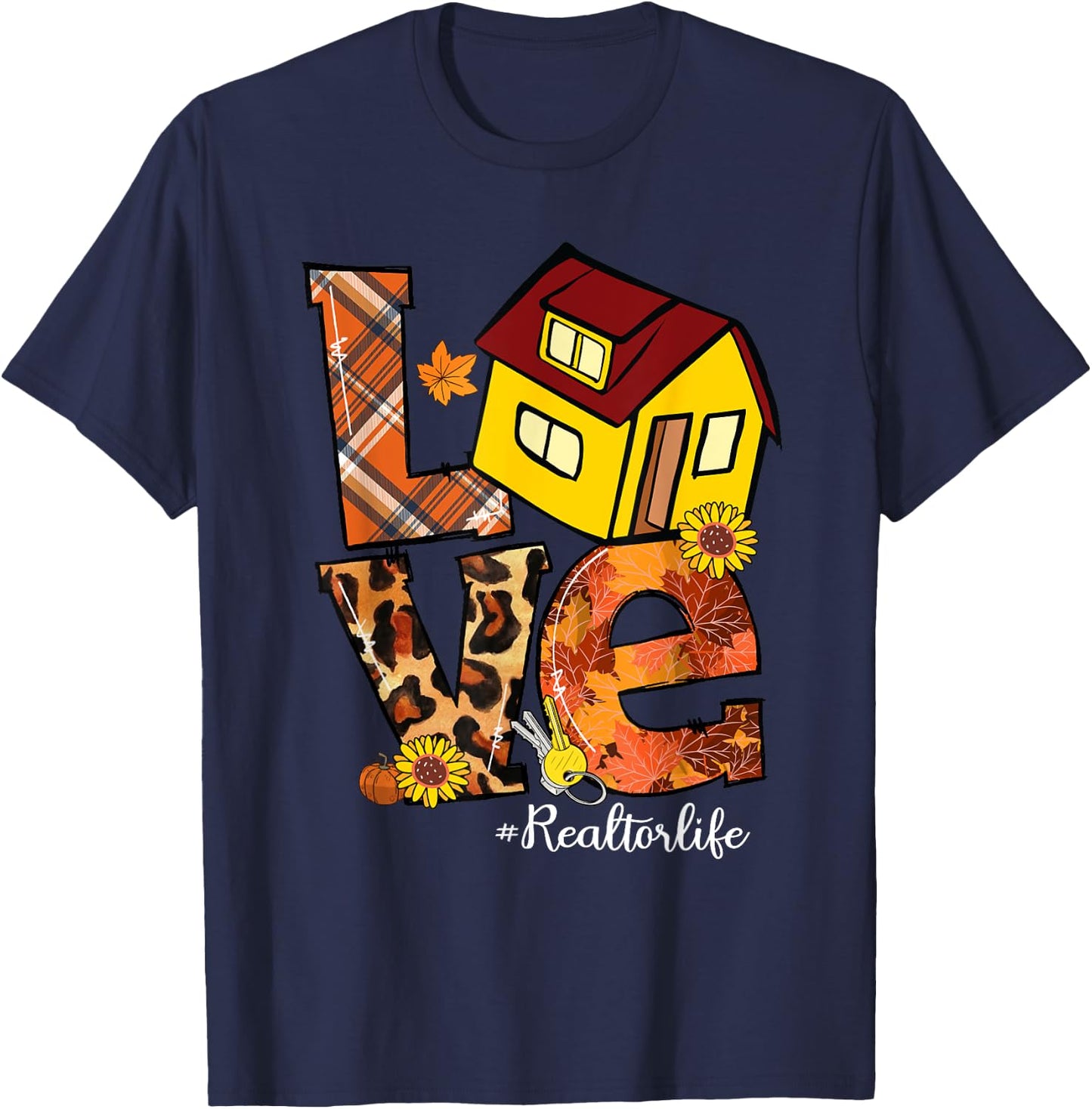 LOVE Pumpkin Leopard Realtor Life Fall Thanksgiving T-Shirt - T-Shirt | Navy