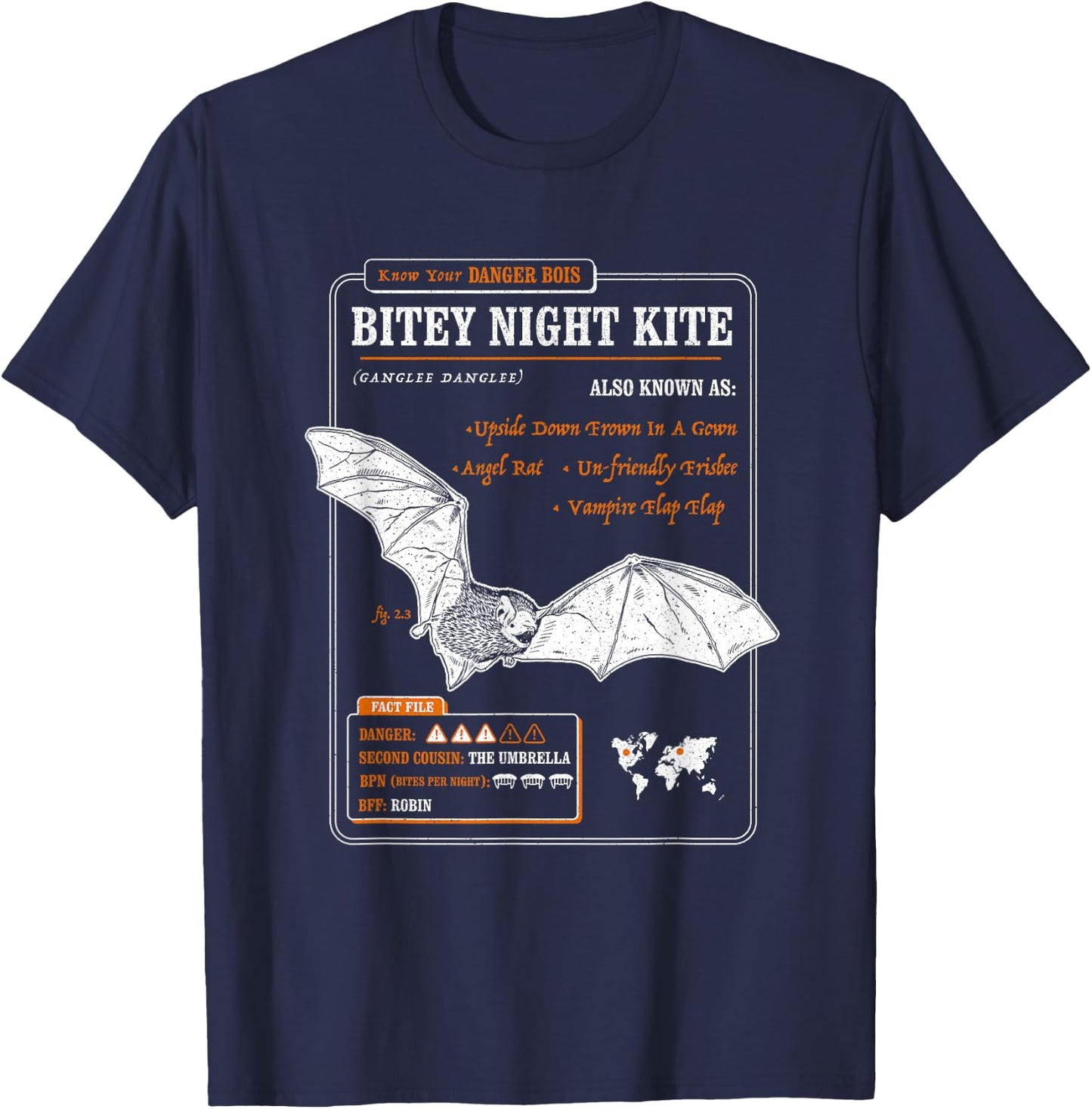 Funny Bat Fact File - Bitey Night Kite T-Shirt - T-Shirt | Navy