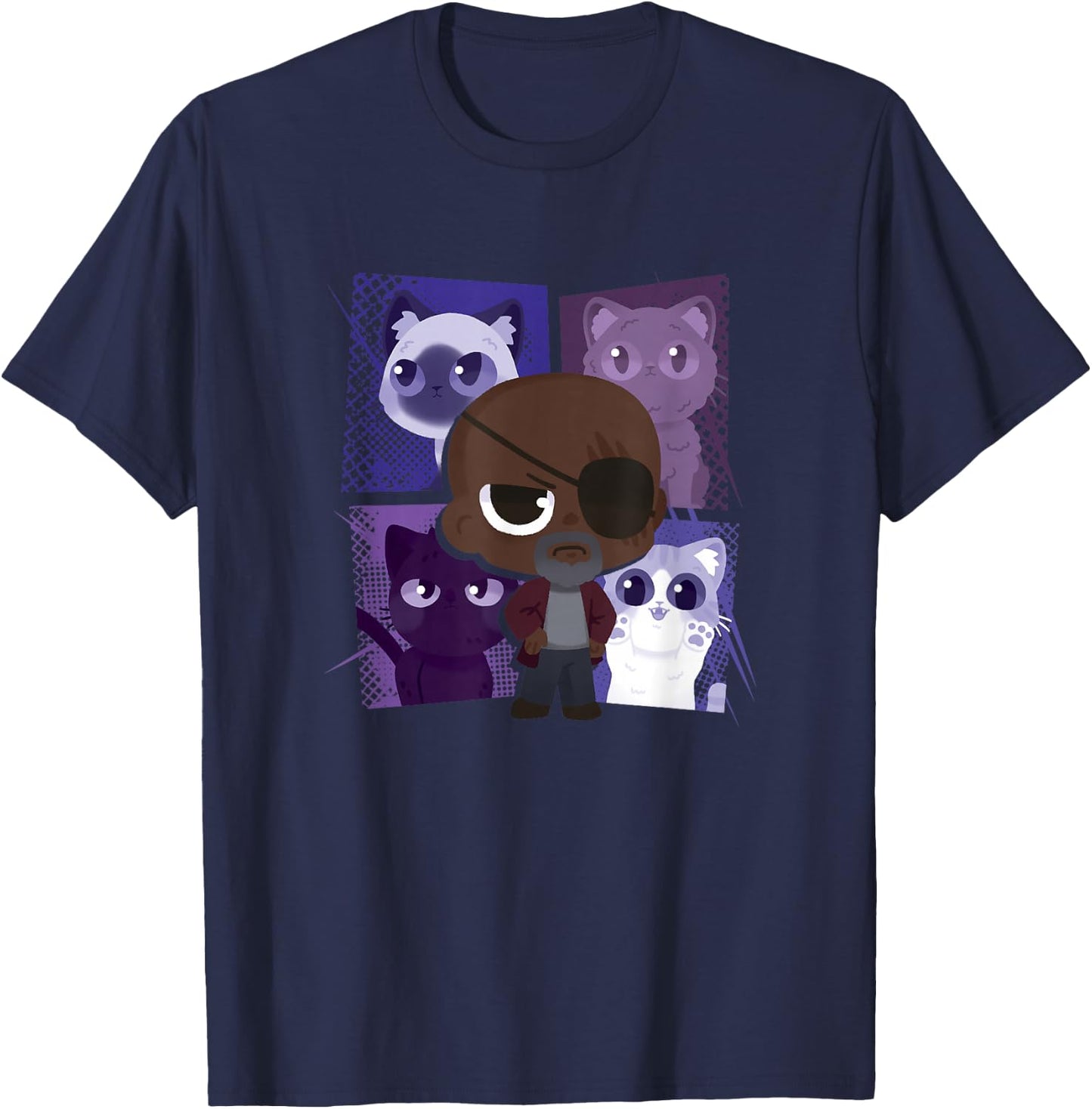 Marvel The Marvels Nick Fury Flerken Chibi Box Up Poster T-Shirt - T-Shirt | Navy