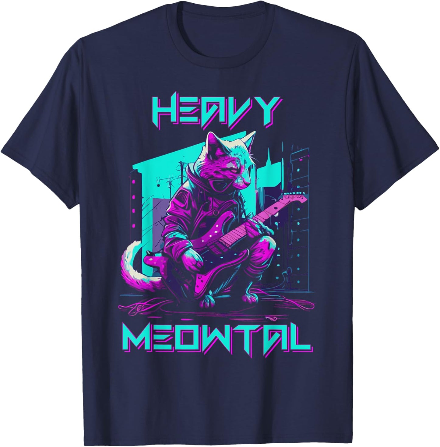 Vaporwave 80s Cat Playing Guitar Cyberpunk Meowtal T-Shirt - T-Shirt | Navy