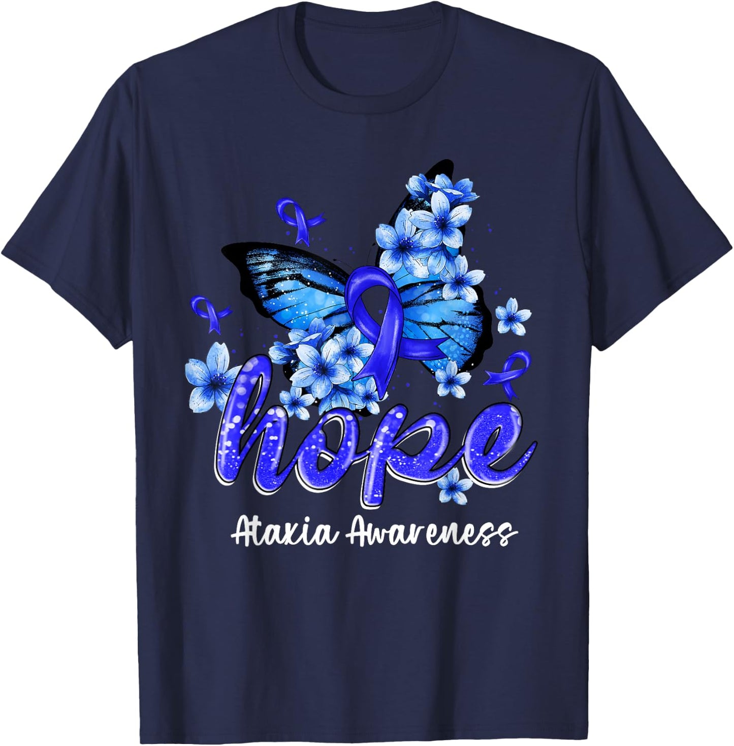 Hope Butterfly Blue Ribbon Ataxia Awareness Gifts T-Shirt - T-Shirt | Navy