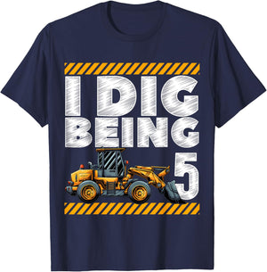 5th Birthday Construction Truck I Dig Being 5 Vehicle Bday T-Shirt - T-Shirt | Navy