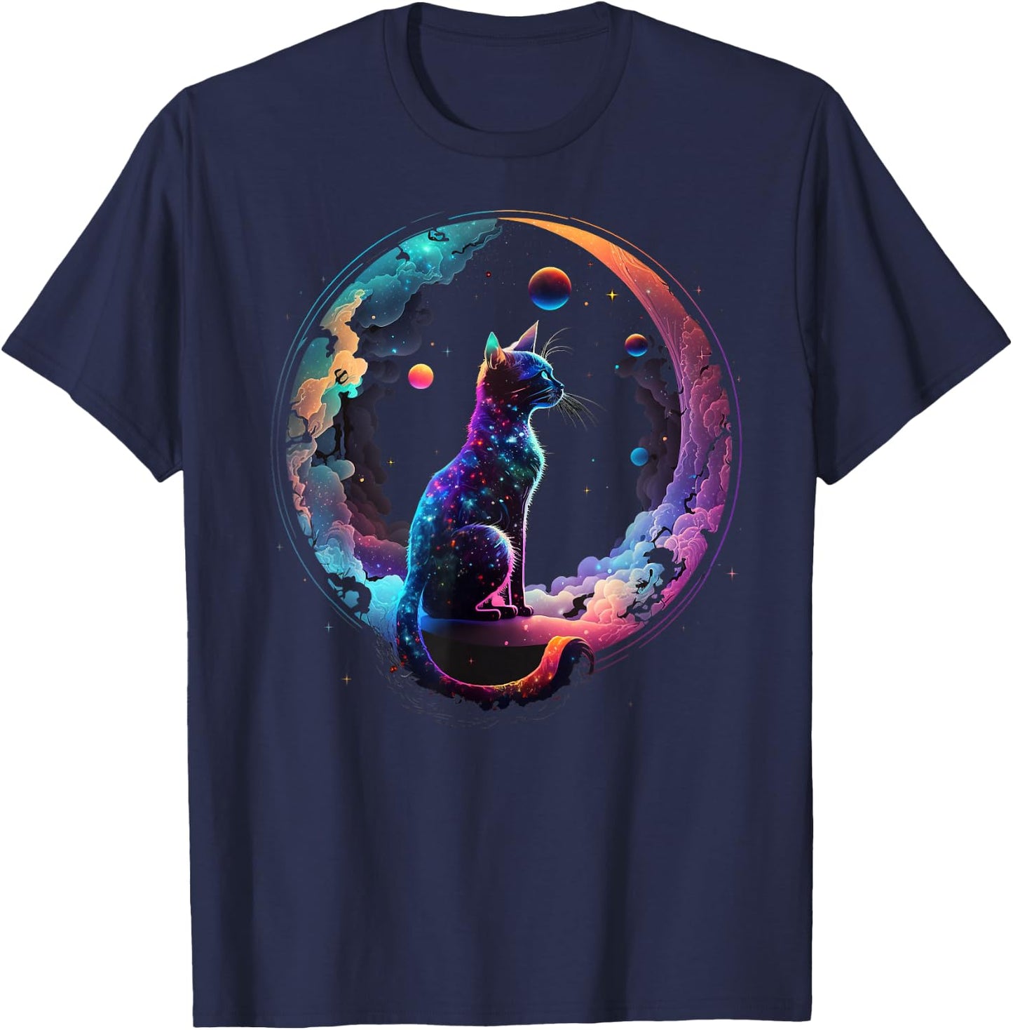 Cosmic Cat Cool Colorful Crescent Moon and Clouds Kitten T-Shirt - T-Shirt | Navy