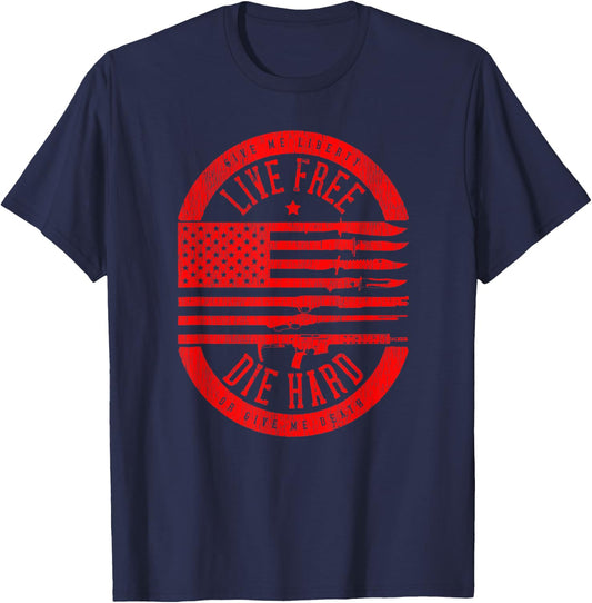 Live Free Die Hard Patriot American Flag Red Women Men T-Shirt - T-Shirt | Navy