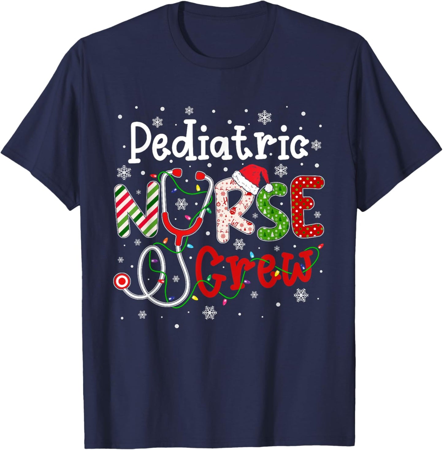Pediatric Christmas Nurse Crew Nursing Christmas Pattern T-Shirt - T-Shirt | Navy