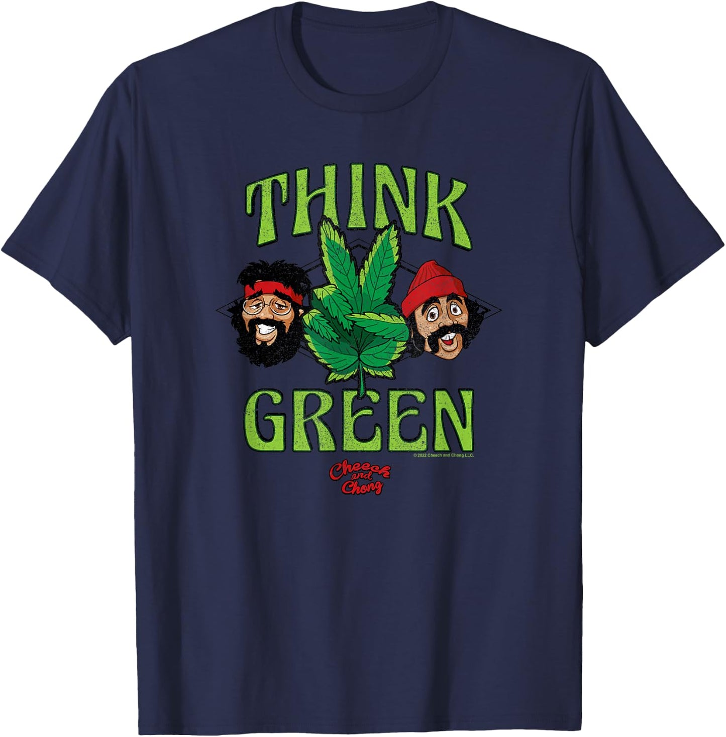 Cheech & Chong Think Green Weed Plant Making Peace Sign T-Shirt - T-Shirt | Navy
