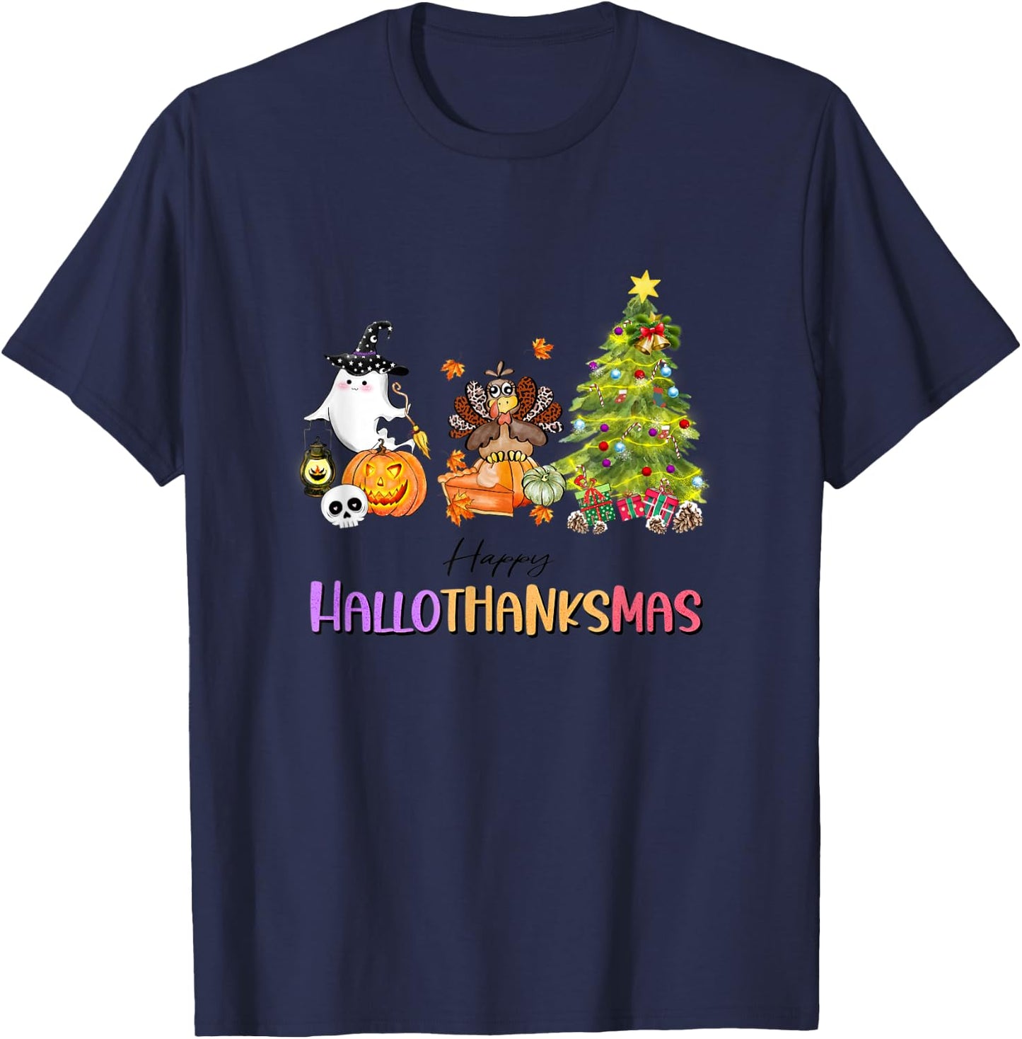 Happy Hallothanksmas Ghost Turkey Christmas Tree T-Shirt - T-Shirt | Navy