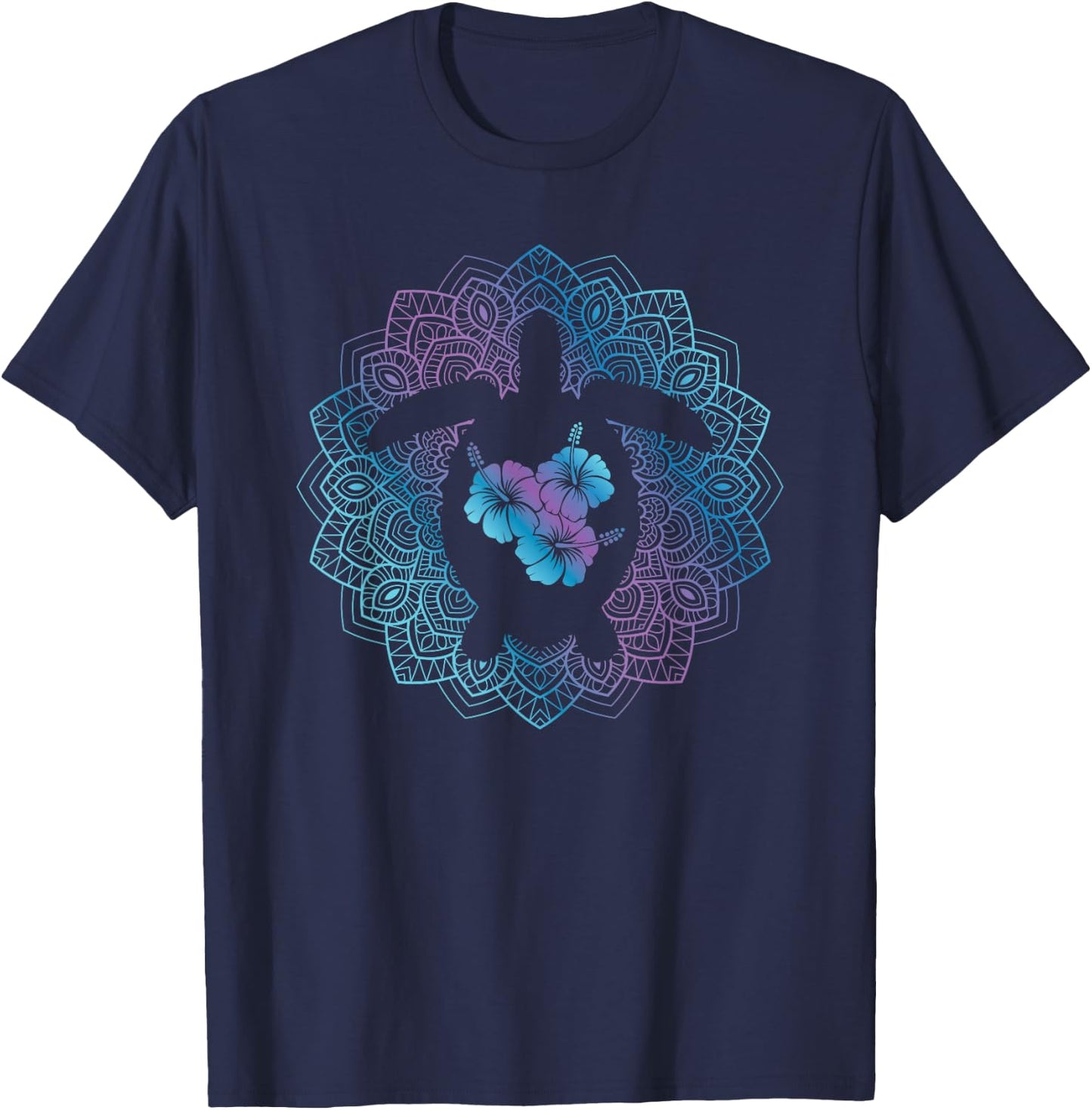 Sea Turtle Mandala Ocean Animal Tropical Hawaiian Hibiscus T-Shirt - T-Shirt | Navy