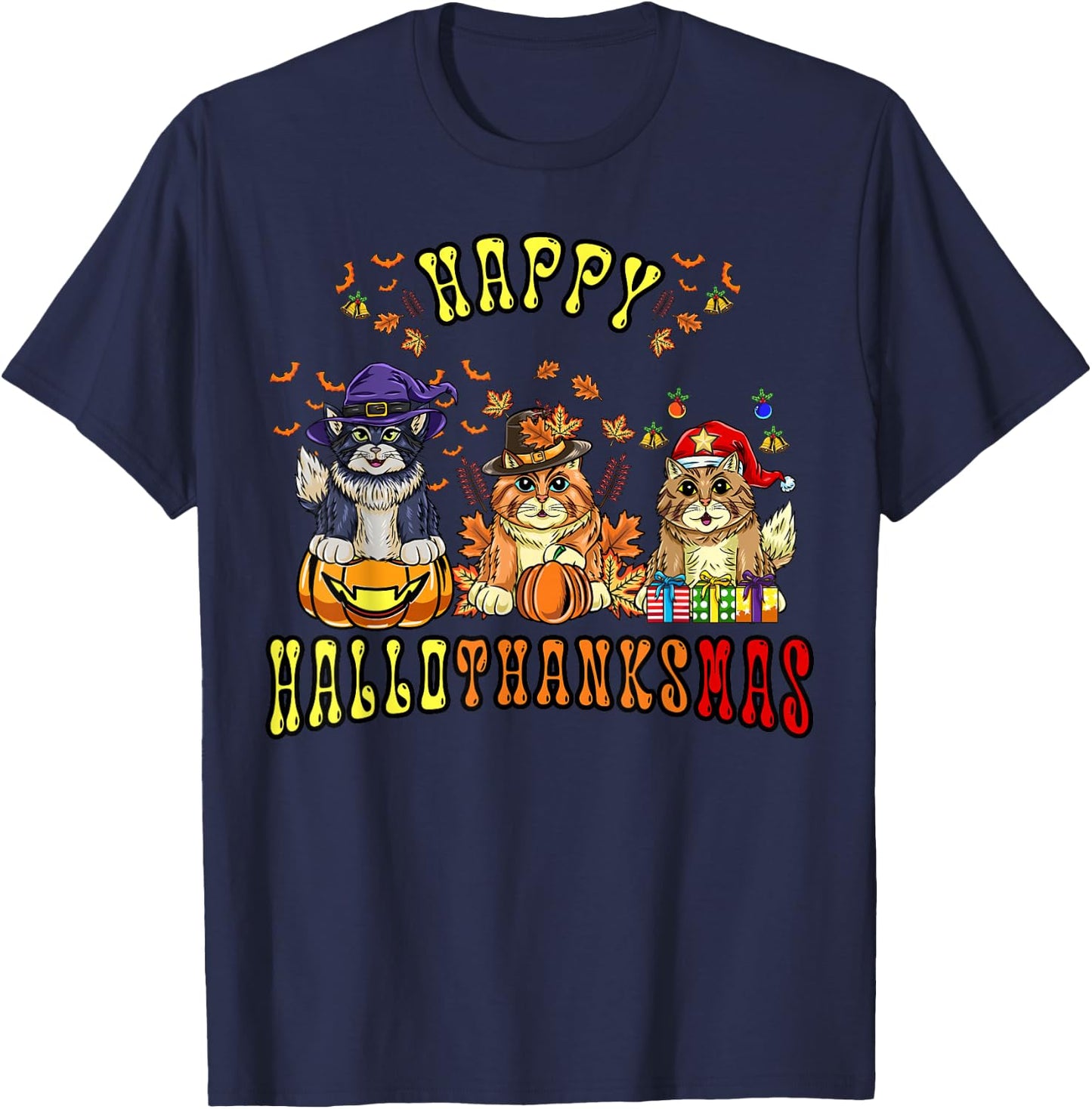 Happy Hallothanksmas Cats Halloween Thanksgiving Christmas T-Shirt - T-Shirt | Navy