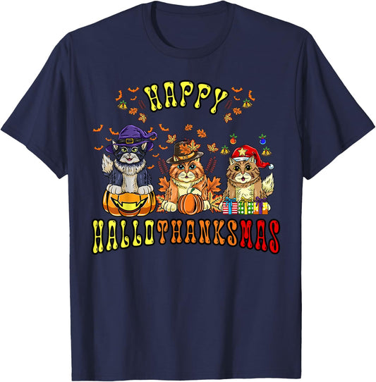 Happy Hallothanksmas Cats Halloween Thanksgiving Christmas T-Shirt - T-Shirt | Navy