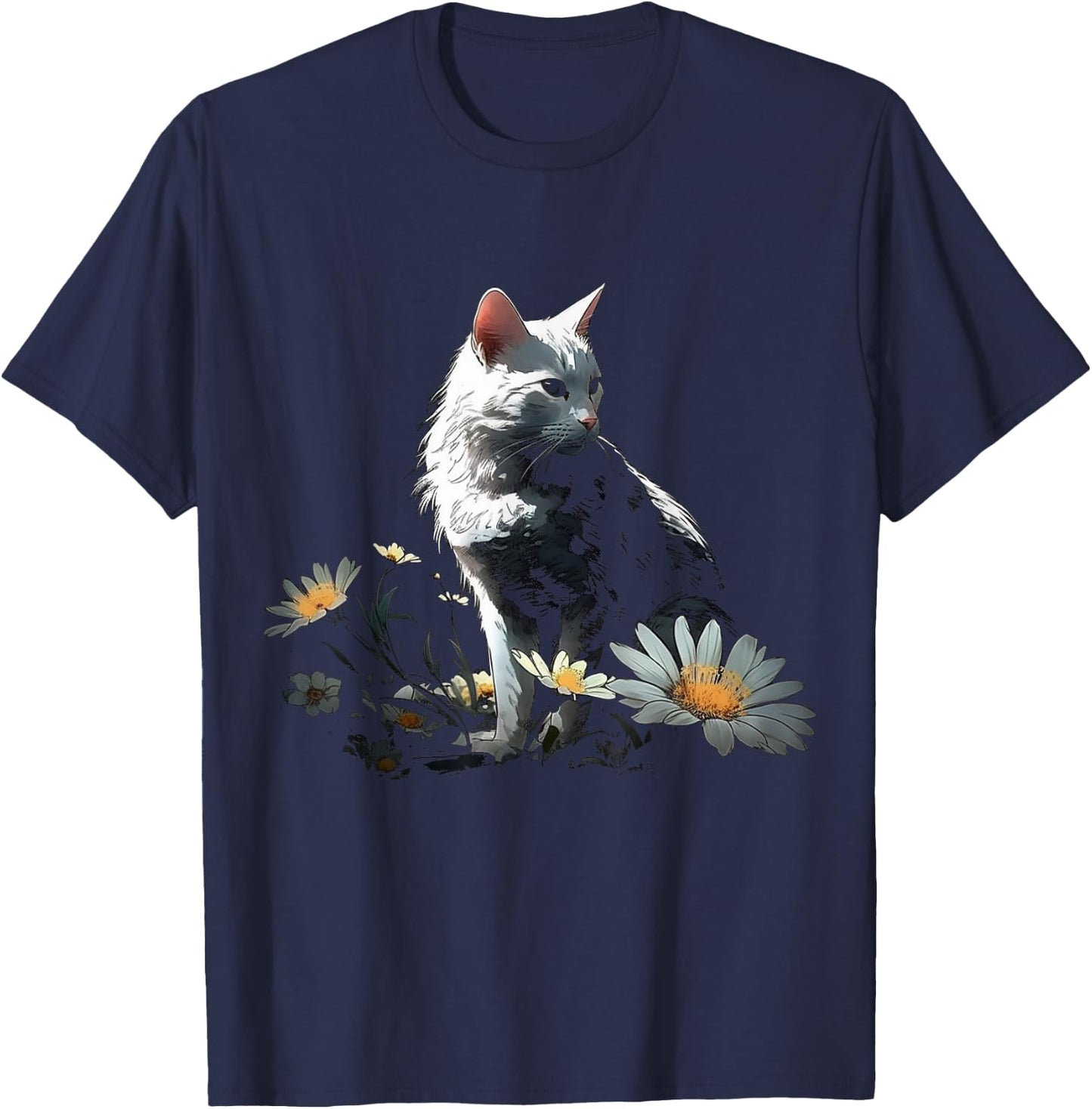 Cat Flowers Artwork - Cat Motif Animal Cat Women Kids T-Shirt - T-Shirt | Navy