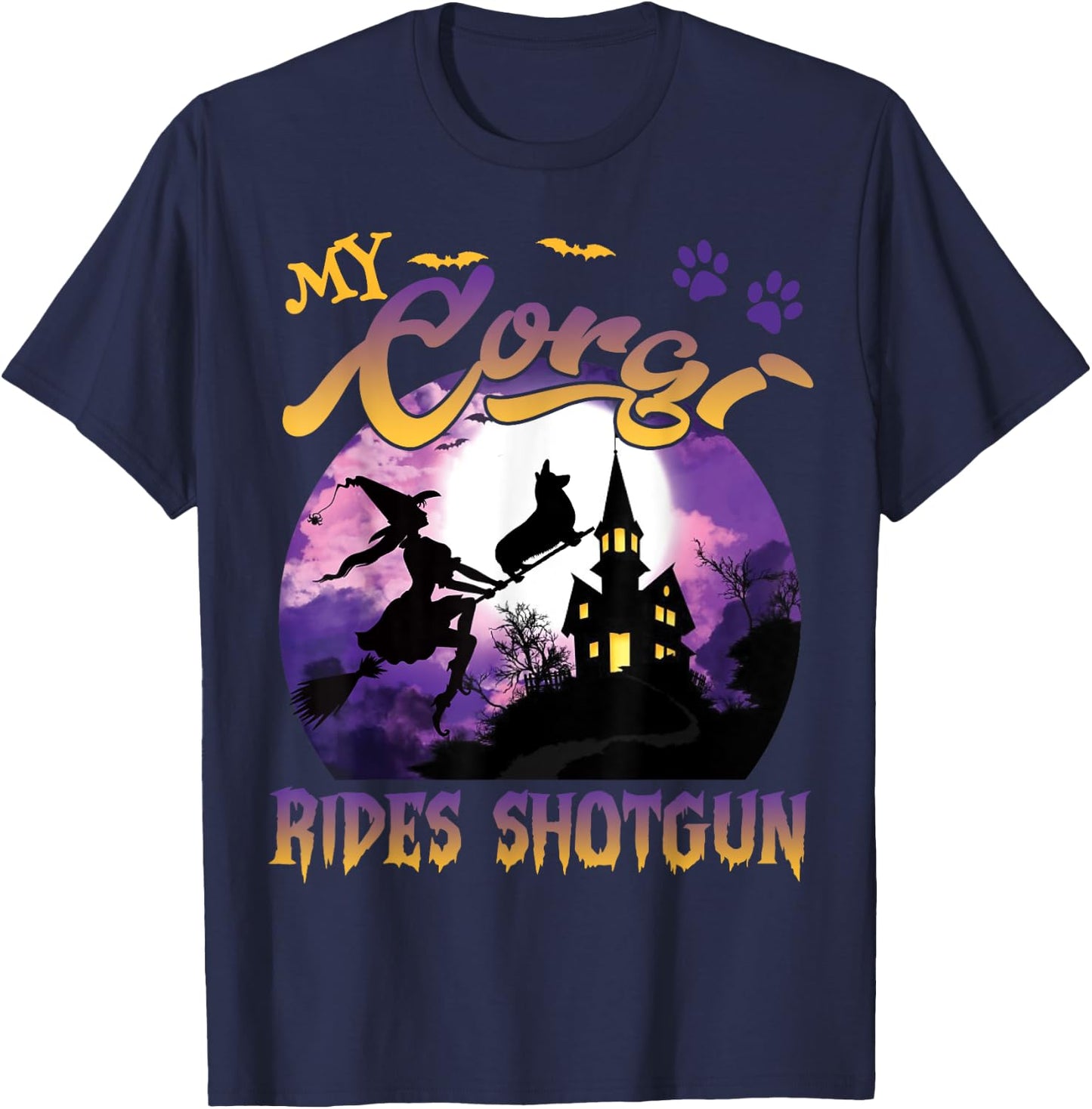 My Corgi Rides Shotgun Cool Halloween Protector Witch Dog Men Women Kids T-Shirt - T-Shirt | Navy