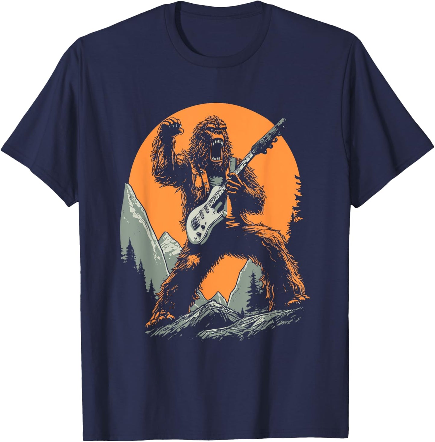 Bigfoot Playing Electric Guitar Funny Sasquatch Rocker T-Shirt - T-Shirt | Navy