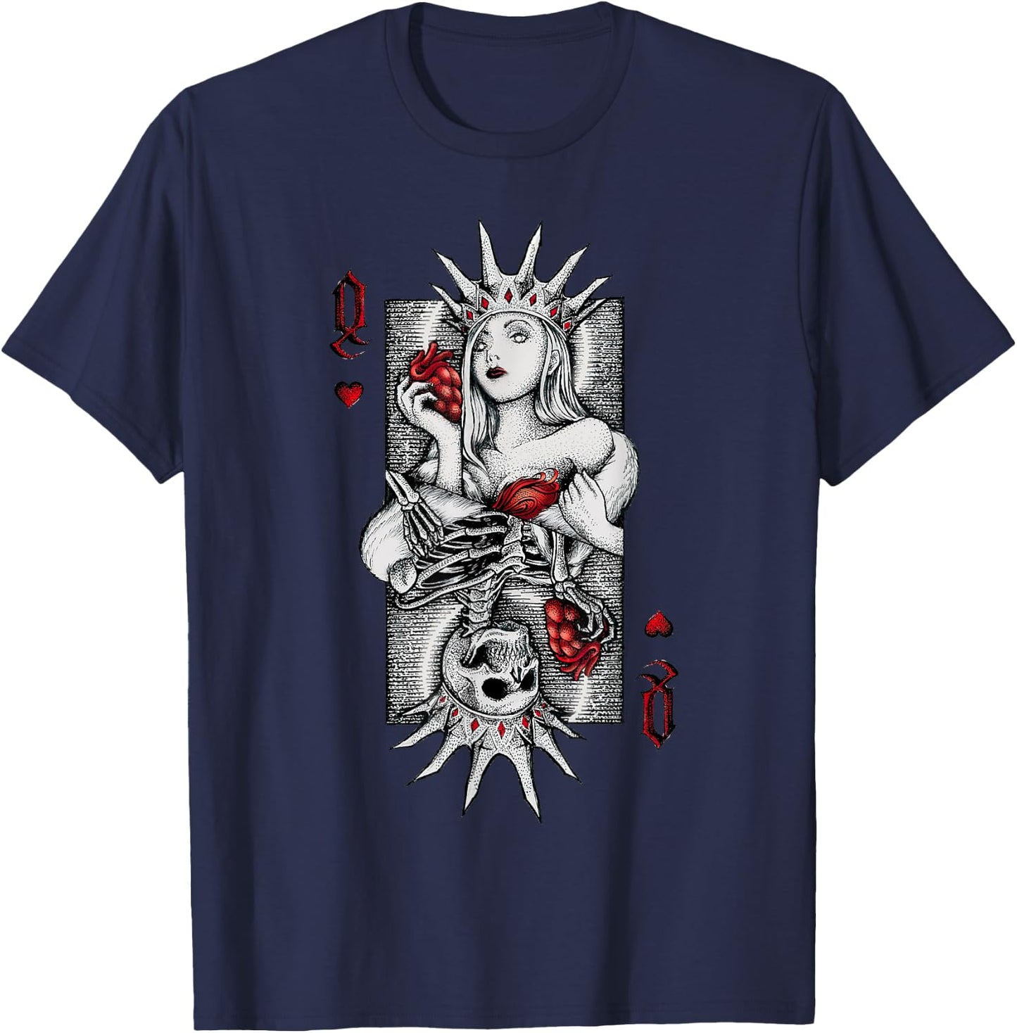 Skeleton Skull Queen of Hearts Costume Spooky Halloween Card T-Shirt - T-Shirt | Navy