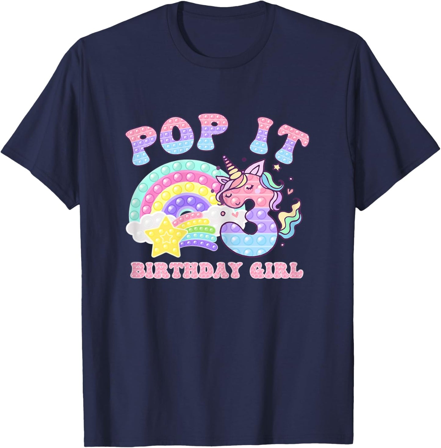 Let's Pop-it I'm turning 3 Colorful 3rd Birthday Girl T-Shirt - T-Shirt | Navy