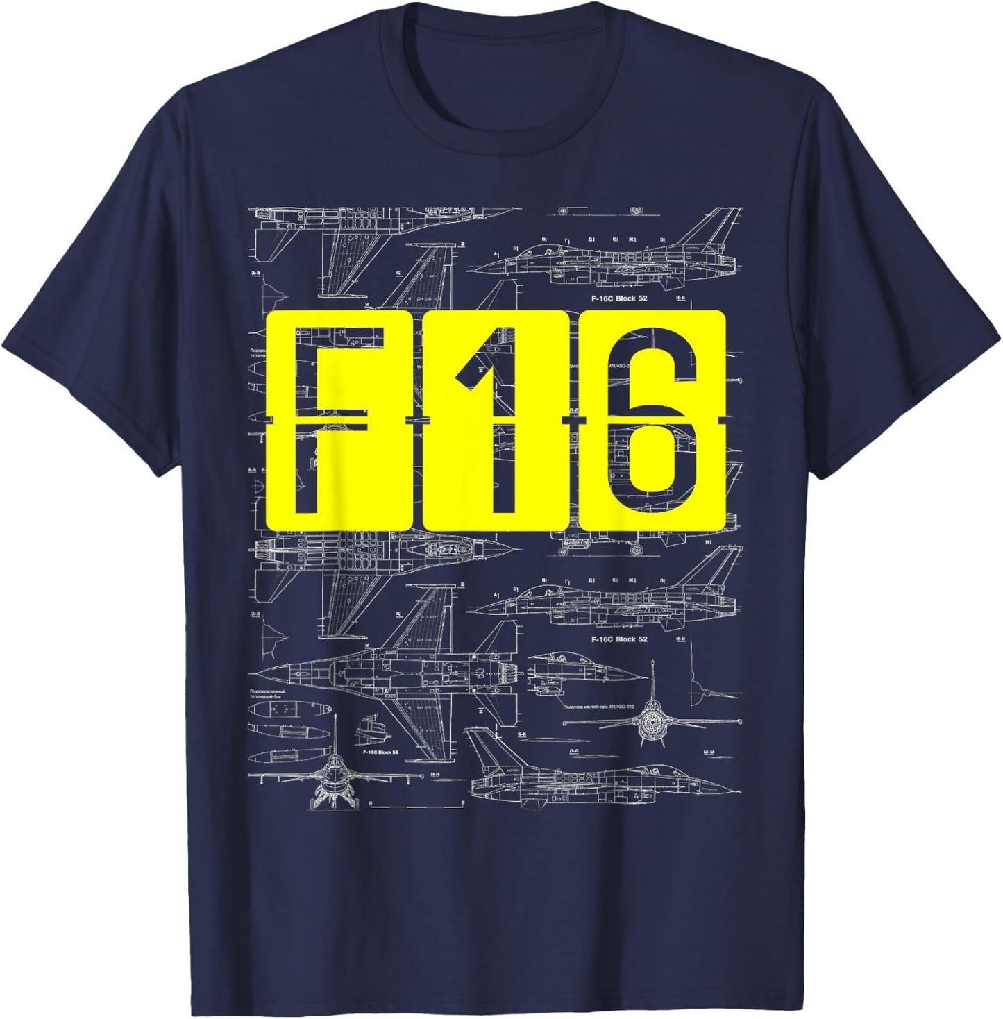 F16 Jet Aircraft Fighter Jet Blueprint Design T-Shirt - T-Shirt | Navy