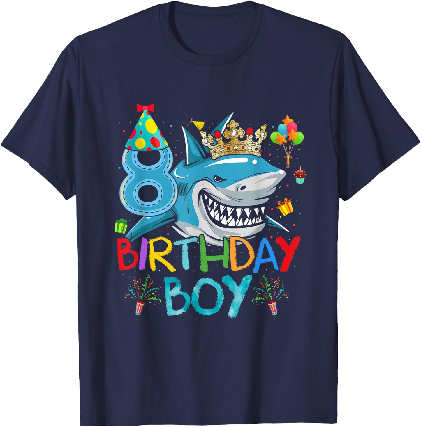 8th Birthday Shark Ocean Theme Party 8 Years Old For Boy T-Shirt - T-Shirt | Navy