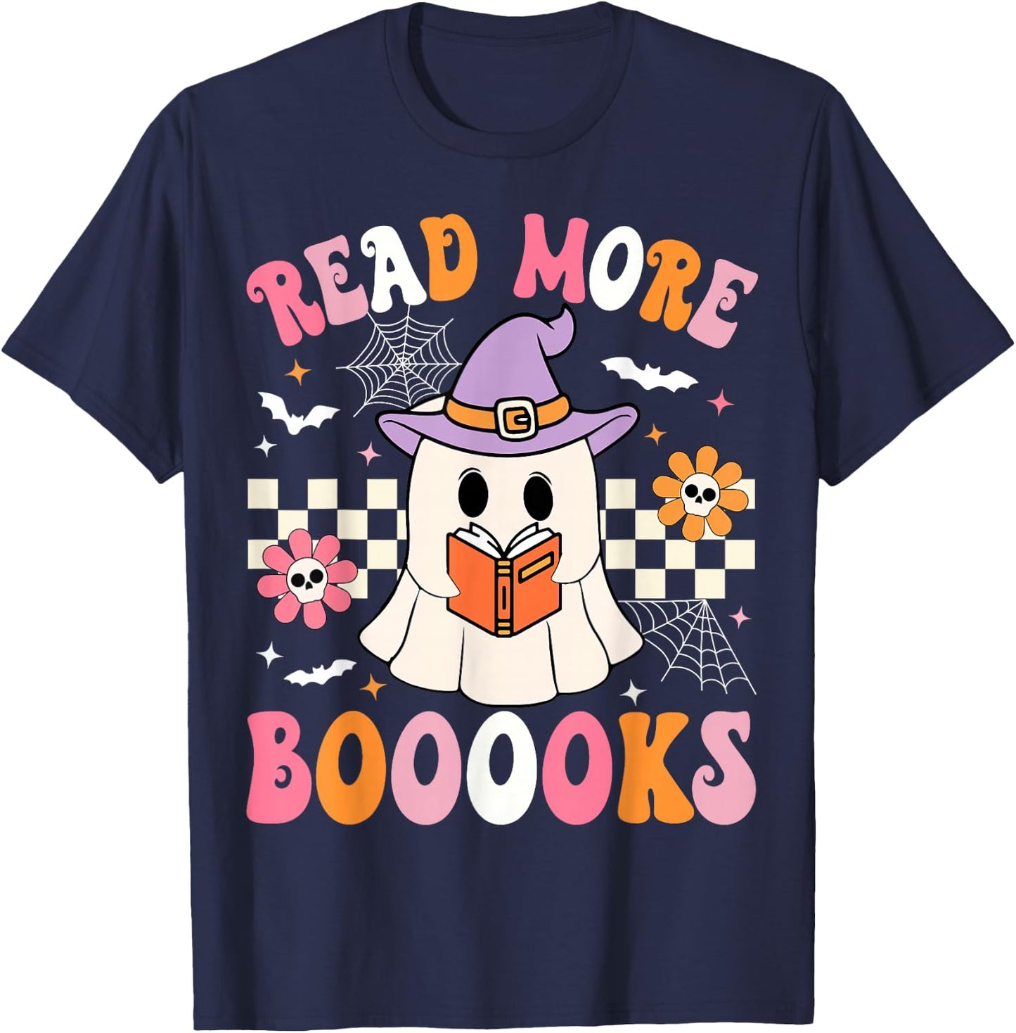 Groovy Booooks Ghost Read More Books Funny Teacher Halloween T-Shirt - T-Shirt | Navy