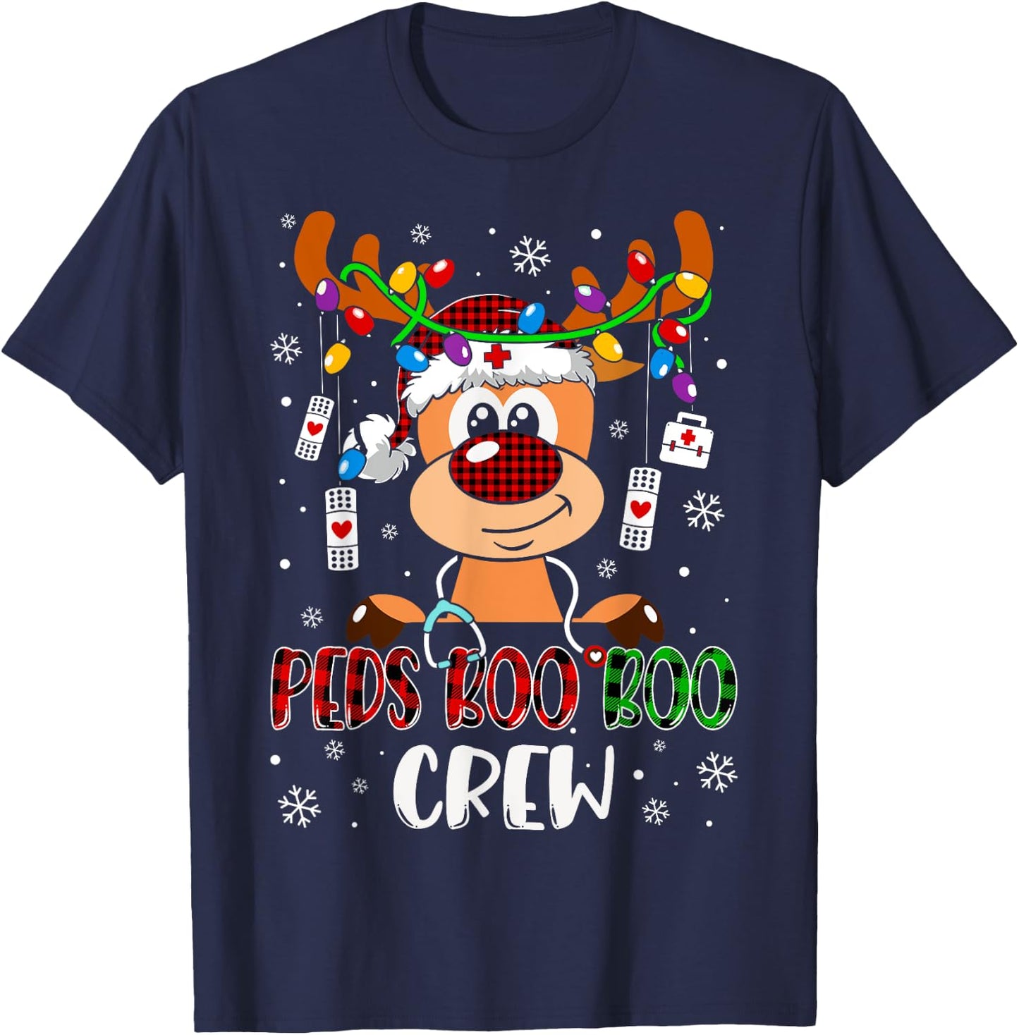 Peds Nurse Boo Crew Reindeer Nurse Buffalo Plaid Christmas T-Shirt - T-Shirt | Navy