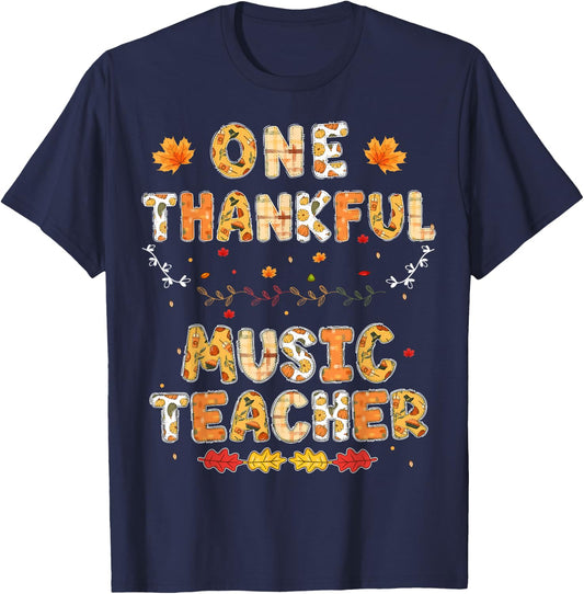 Rainbow Leopard One Thankful Music Teacher Thanksgiving T-Shirt - T-Shirt | Navy