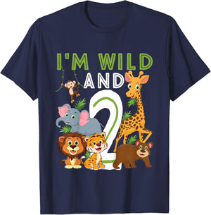 I'm Wild and Two Safari Zoo Animal Theme 2 Year Old Birthday T-Shirt - T-Shirt | Navy